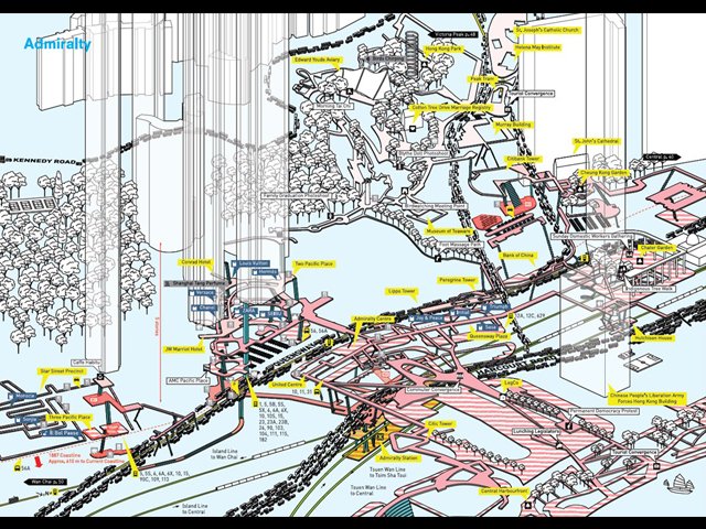 香港金钟地图的数码图像，当中只见街道、行人道、阶梯、扶手电梯、马路上的汽车、建筑物楼层和树木。地图以丰富的层叠方式呈现。底层显示地面上的道路和电车轨道。上方则是多层相连的行人道和行人天桥。著名的建筑物和地方都附上标记。